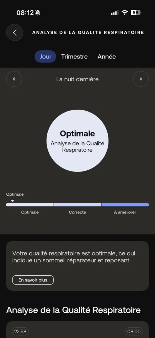 écran "Analyse de la qualité respiratoire" avec le résultat "Optimale"
