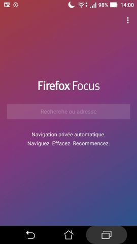 Page d'accueil de Firefox Focus