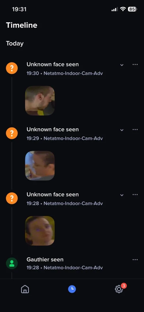Timeline sur l'application Home + Security