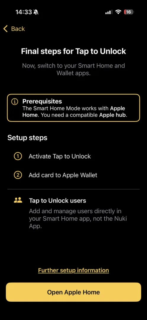 Application Nuki étapes configuration Tap to Unlock Smart Home Mode Apple Home