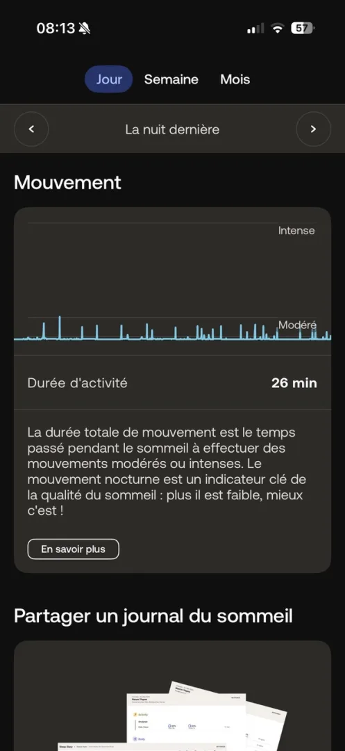 écran mouvement nocturne avec le graphique et la durée d'activité à 26 min