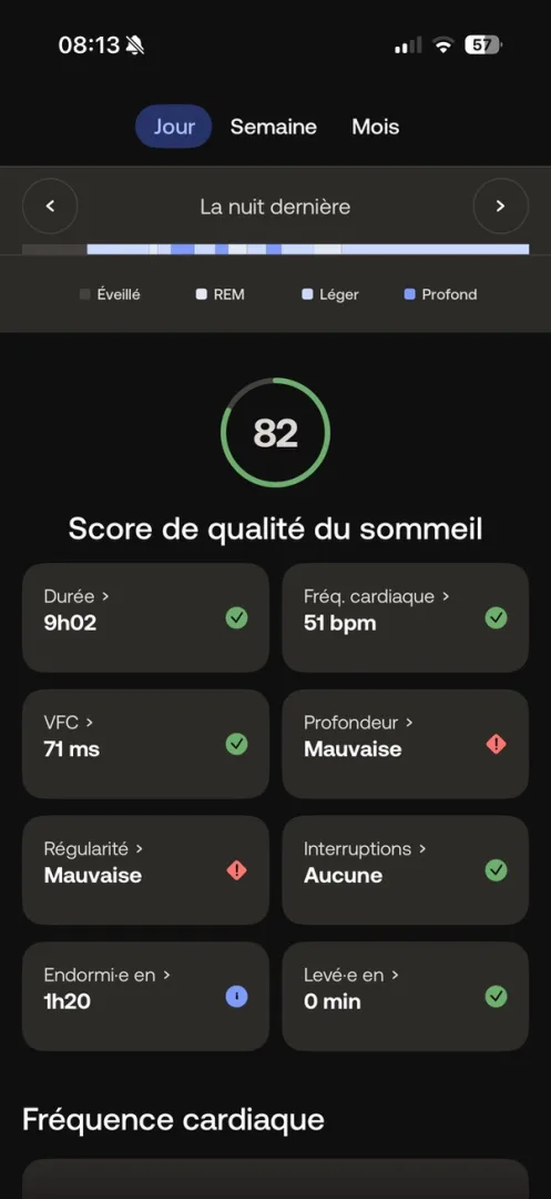 écran app du score de qualité du sommeil (score 82) avec les 8 sous-catégories