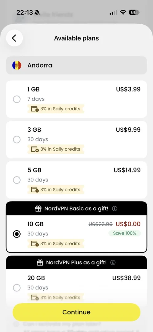 Écran de sélection des forfaits Saily pour l'Andorre avec différentes options de data