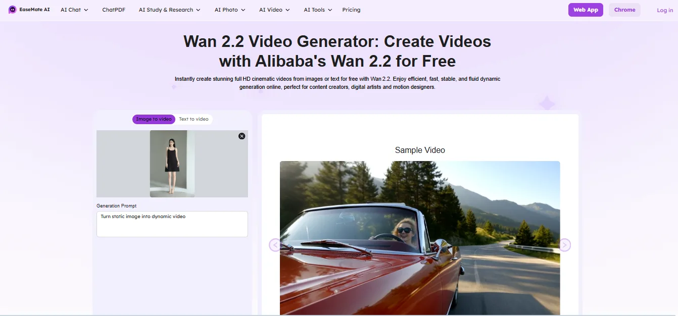 Interface EaseMate AI générateur vidéo Wan 2.2
