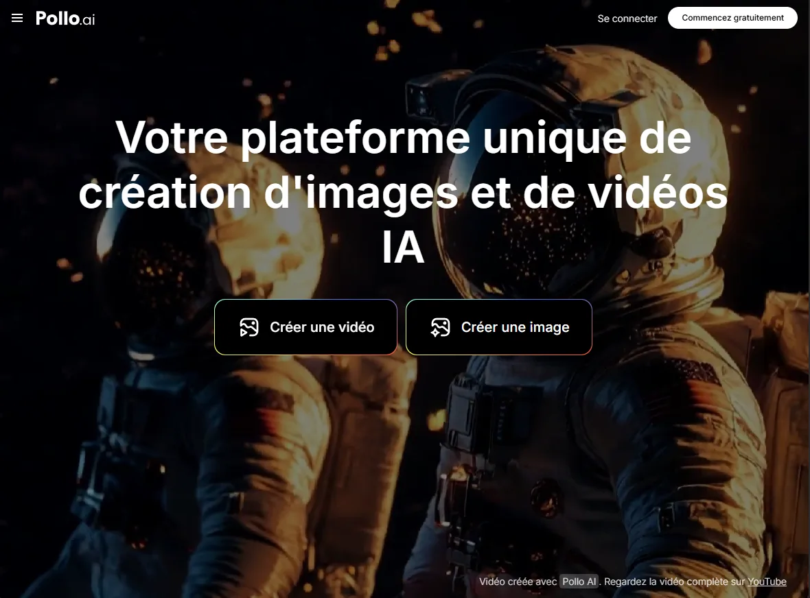 Page d'accueil Pollo AI avec astronautes et boutons Créer une vidéo et Créer une image