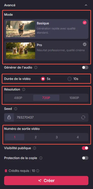 Paramètres avancés Pollo AI : modes Basique/Pro, durée vidéo, résolution et options de génération