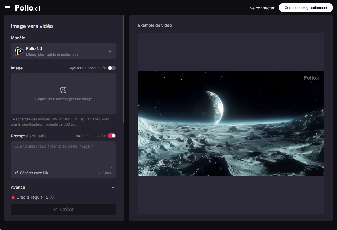 Interface Pollo AI Image vers vidéo avec modèle Pollo 1.6 et exemple de paysage lunaire