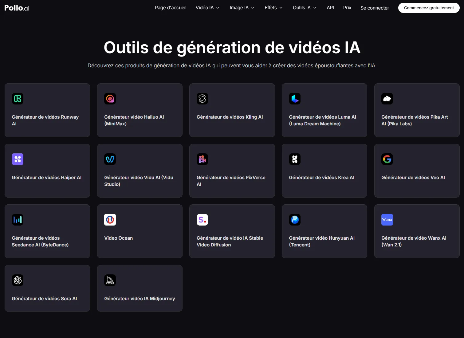 Page outils de génération vidéo IA Pollo avec accès aux générateurs Runway, Hailuo, Kling, Luma et autres