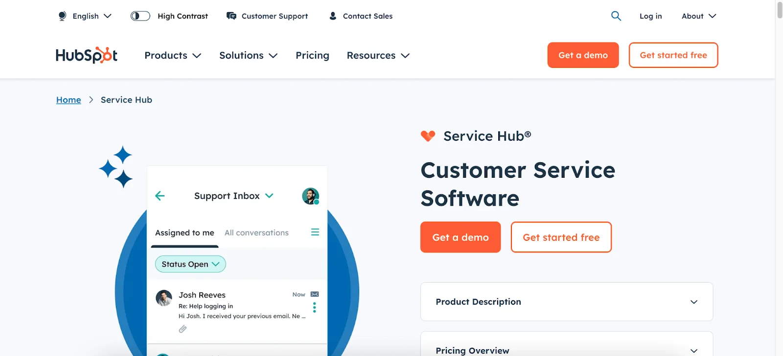 HubSpot Service Hub - Interface customer service software avec boîte de réception support et outils de collaboration équipe