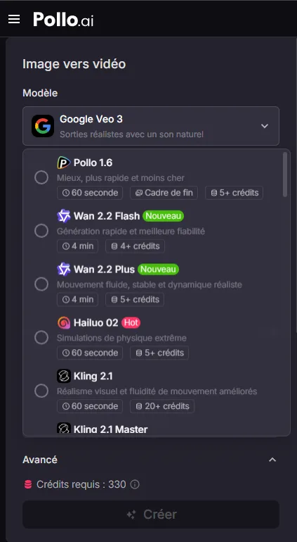 Sélection des modèles IA Pollo : Google Veo 3, Pollo 1.6, Wan 2.2 Flash, Hailuo 02 et Kling 2.1