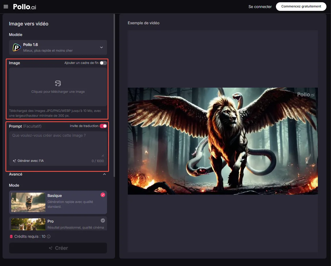 Interface de génération Pollo AI avec upload d'image, prompt et exemple de lion ailé fantastique