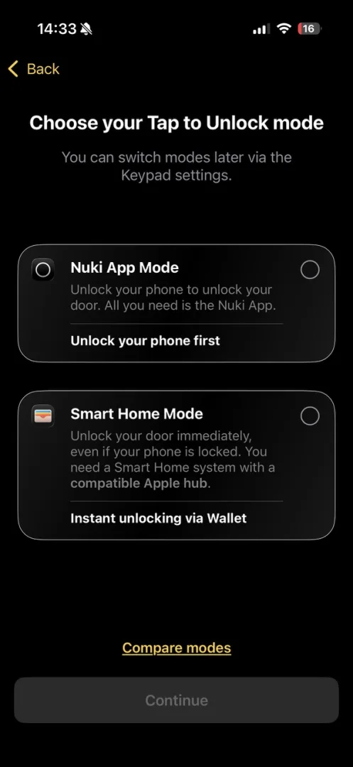 Application Nuki choix mode Tap to Unlock Nuki App Mode ou Smart Home Mode