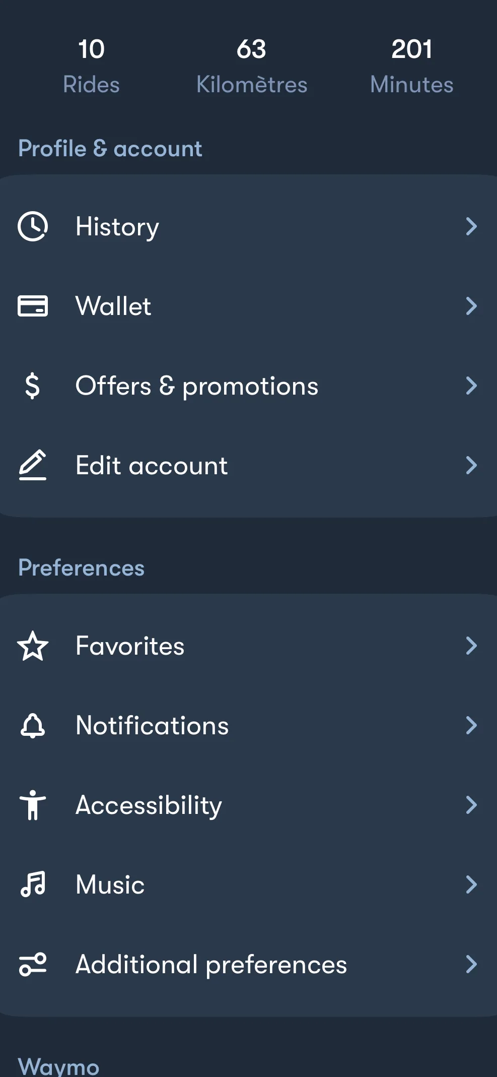Page de profil montrant 10 trajets, 63 kilomètres, 201 minutes