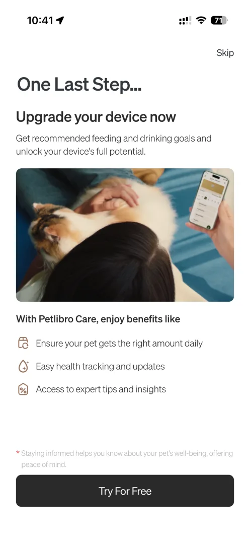 Application Petlibro : proposition d'abonnement Petlibro Care avec le bouton Skip