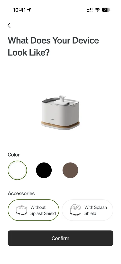 Application Petlibro : choix de la couleur et du pare-éclaboussures