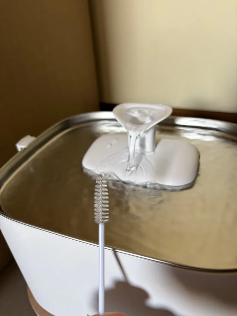 Brosse de nettoyage présentée devant le bec de la Petlibro Dockstream 2