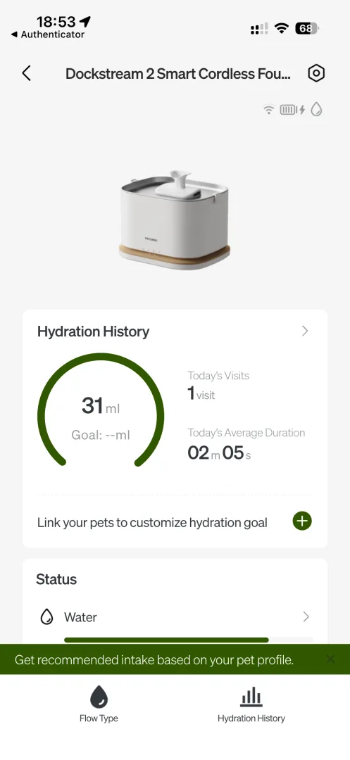 Application Petlibro : écran Hydration History avec la consommation du jour