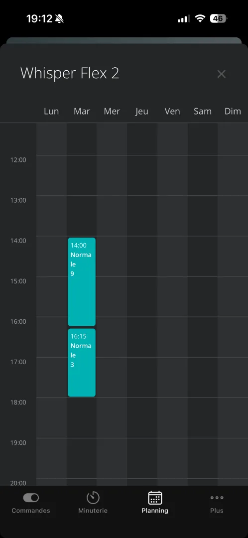 planification du whisper flex smart dans l'application duux