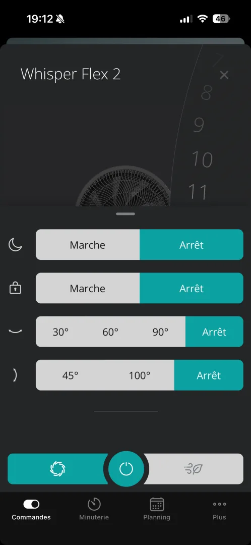paramètres du whisper flex smart dans l'application duux
