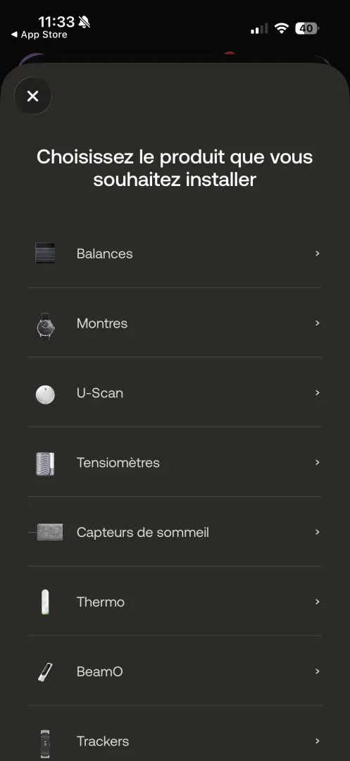 Sélection du produit dans l'app Health Mate : catégorie Balances