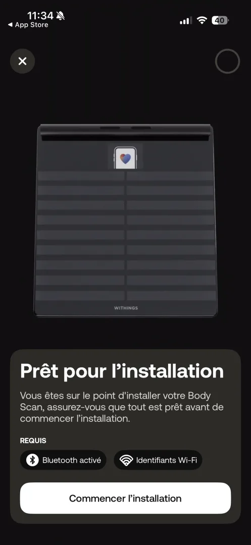 Écran "Prêt pour l'installation" : Bluetooth et Wi-Fi requis