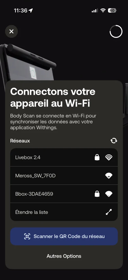 Connexion Wi-Fi : sélection du réseau dans l'app
