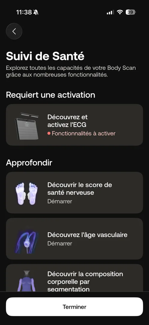 Écran Suivi de Santé : activation de l'ECG et découverte des fonctionnalités