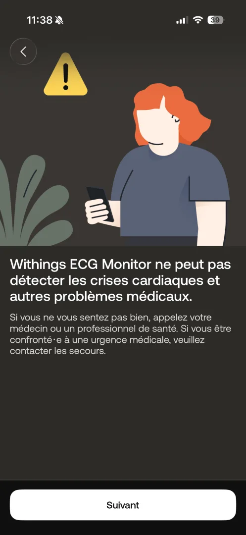 Avertissement : l'ECG Monitor ne détecte pas les crises cardiaques