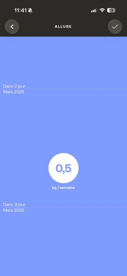 Allure de progression : 0,5 kg par semaine avec date cible calculée