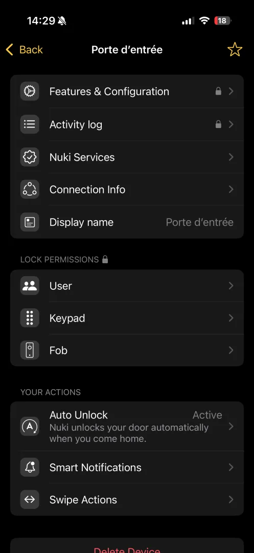 Application Nuki paramètres serrure section Keypad
