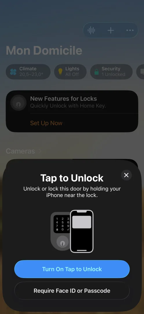 Apple Home activation Tap to Unlock Home Key avec Face ID ou code