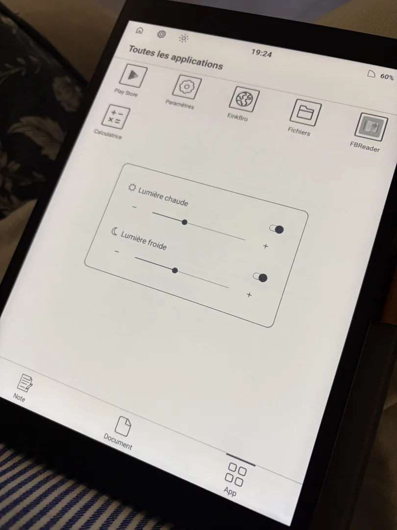 Interface des applications de la Paperslate Pro avec le réglage de la lumière chaude et froide