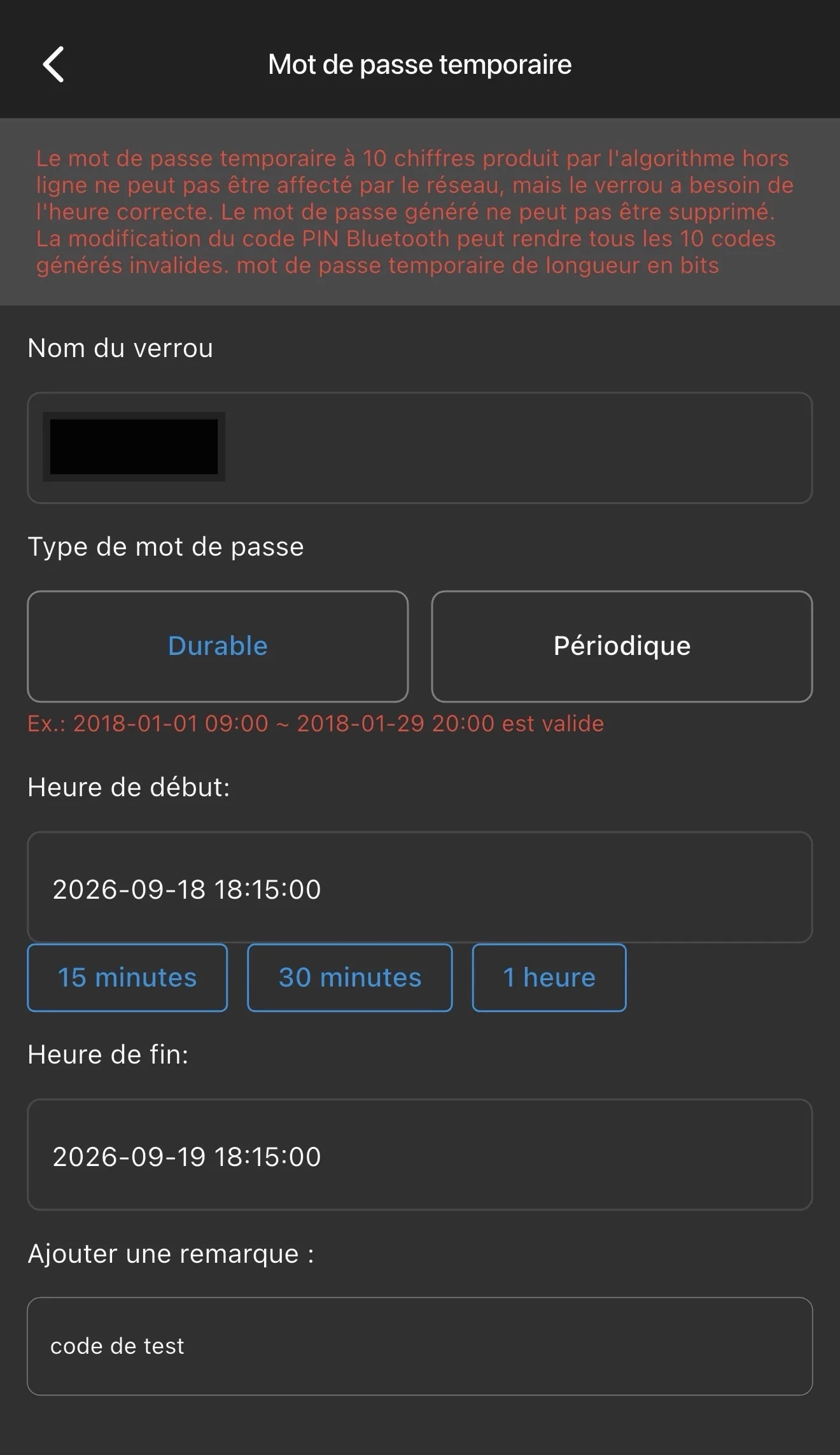 Génération d'un code temporaire dans l'application WELOCK
