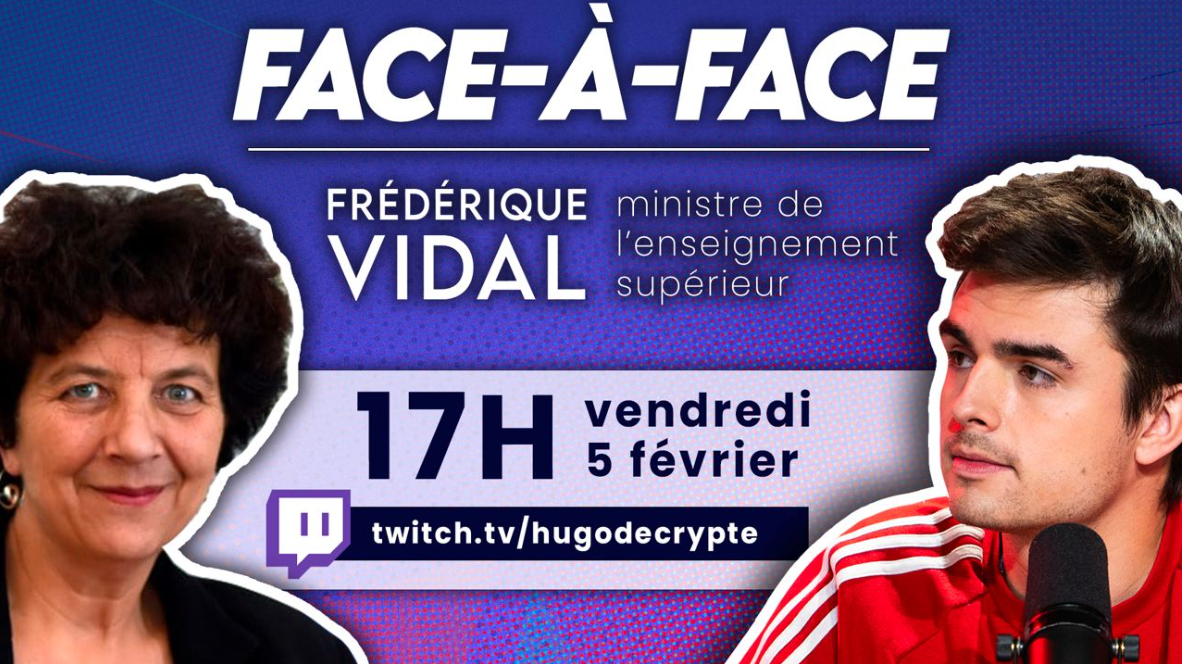 Hugo Décrypte face à Frédérique Vidal à 17h sur Twitch