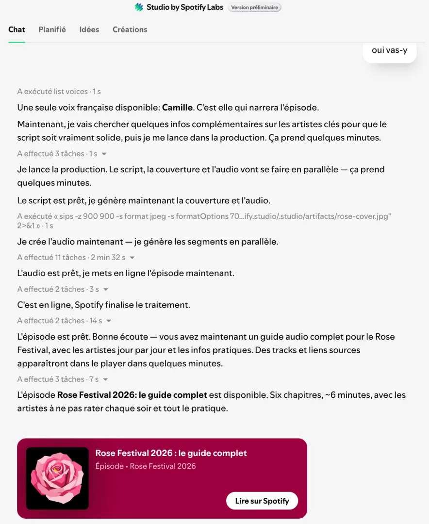 génération d'un podcast sur le rose festival sur Studio by Spotify Labs