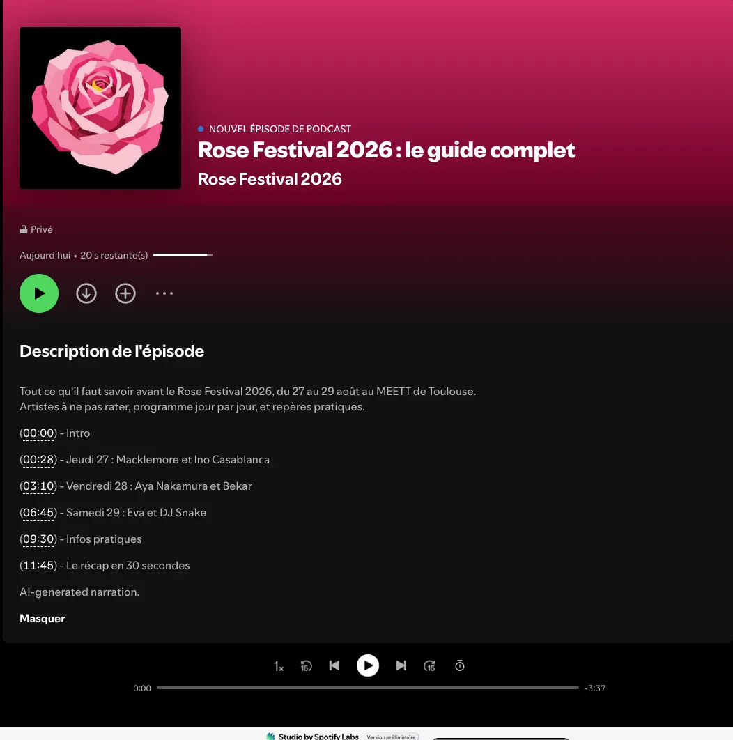 podcast généré par Spotify Studio sur le Rose Festival 2026
