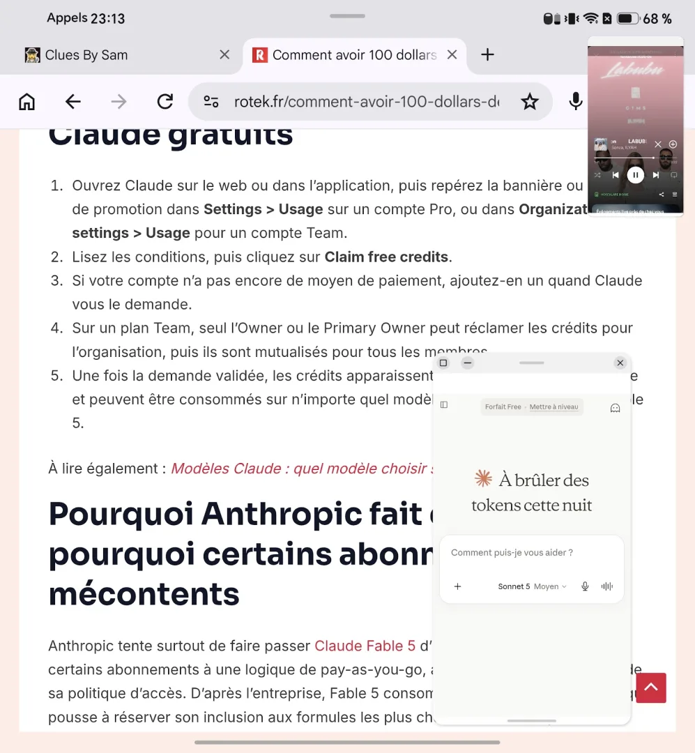 Capture d'écran di multitâches du Honor Magic V6, avec une fenêtre principale sur rotek.fr sur un article tutoriel, une deuxième fenêtre semblant appliqué le tutoriel, et une troisième fenêtre avec de la musique sur Spotify.