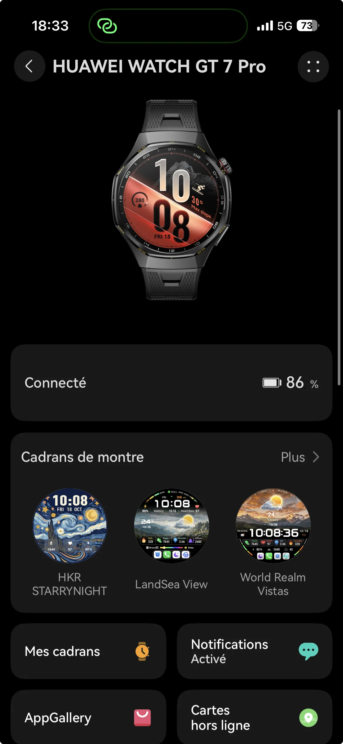 écran sur la montre huawei watch gt 7 pro dans l'application huawei health