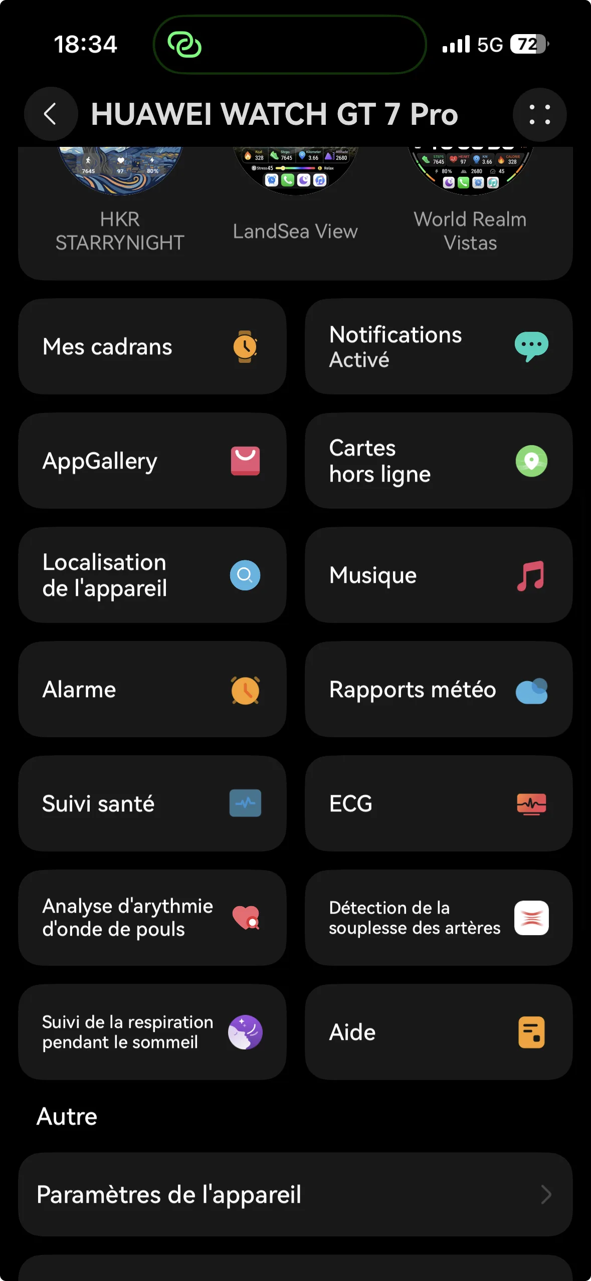 nombre d'option de paramètrage sur l'application huawei health