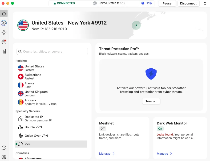 NordVPN connecté aux États-Unis