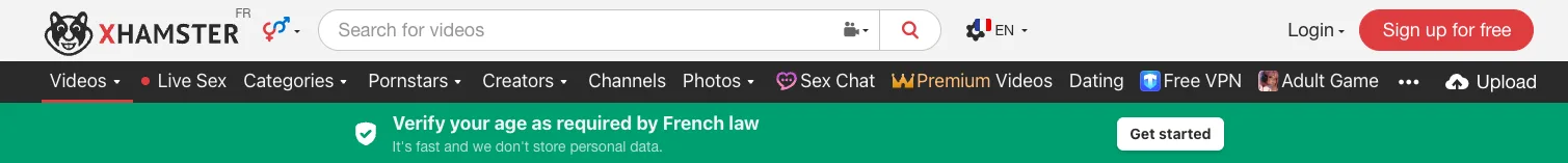 bannière xhamster bloqué en France vérification âge 