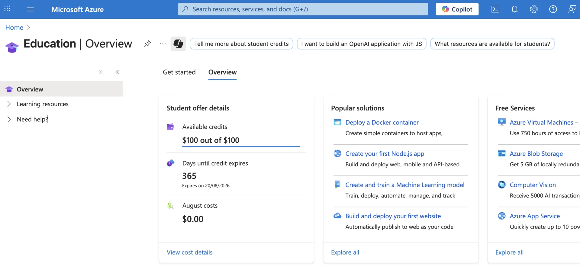 Console Azure avec 100$ valable 365 jours après avoir vérifié son status étudiant.