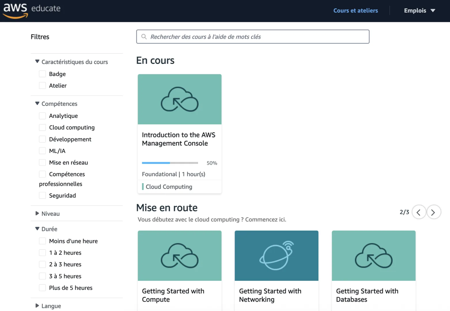 liste des cours disponibles sur AWS Educate