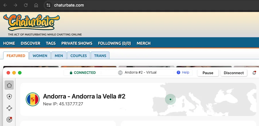 Accès Chaturbate débloqué avec connexion VPN NordVPN hors de France (Andorre)