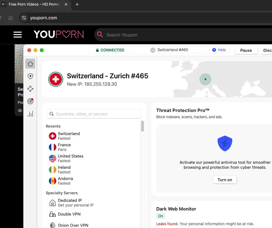 YouPorn débloqué avec connexion NordVPN en Suisse