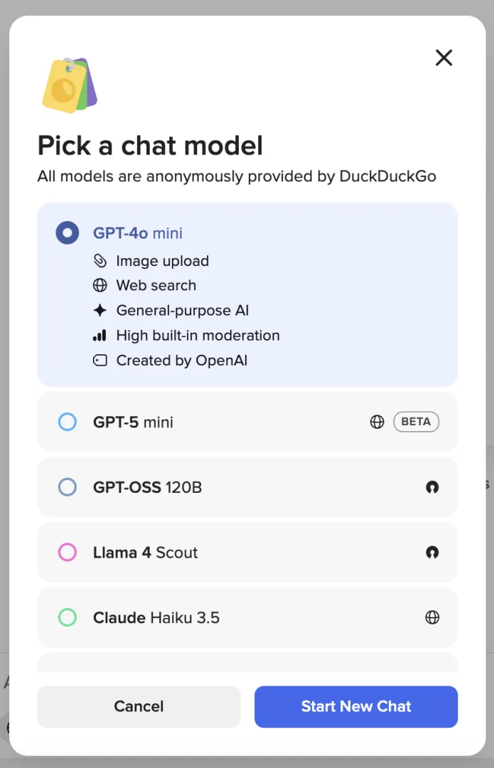 modèles disponibles sur Duck.ai
