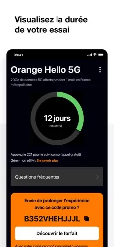 Consommation et temps restant eSIM forfait gratuit Orange 5G