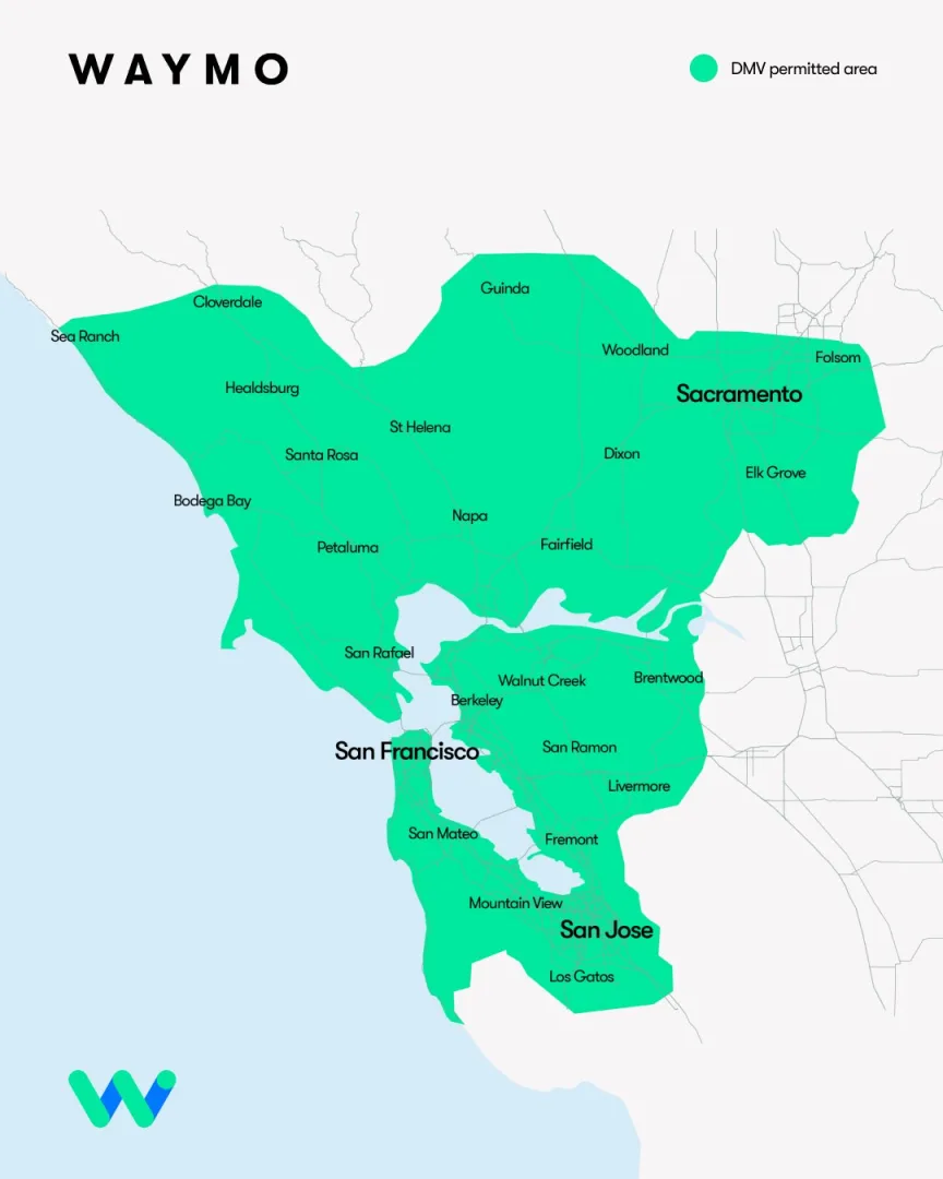 Carte de la zone de service autorisée Waymo dans la région de San Francisco Bay Area, incluant Sacramento, Napa et Silicon Valley