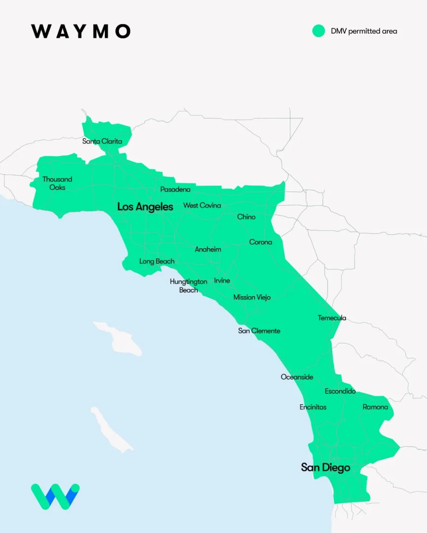 Carte de la zone de service autorisée Waymo en Californie du Sud, de Santa Clarita à San Diego en passant par Los Angeles