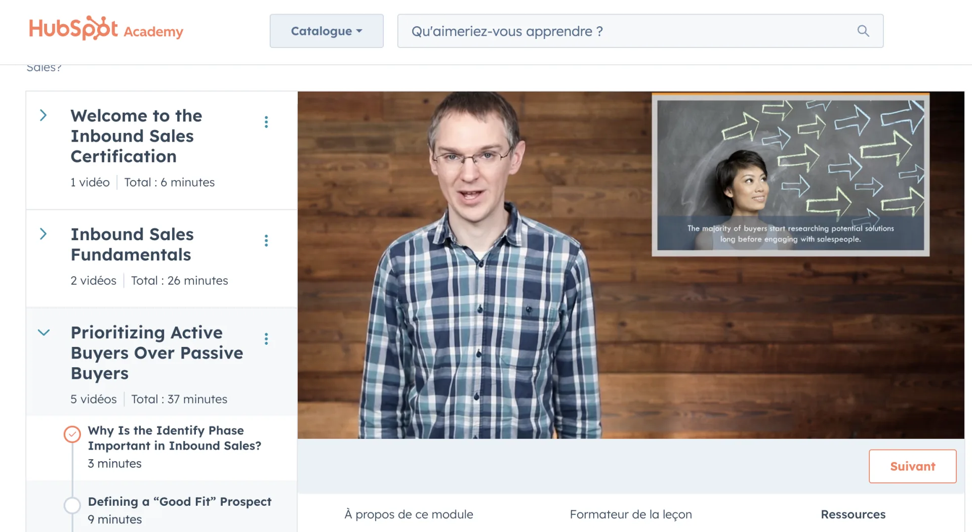 player et progression Hubspot academy sur la formation certifiante Inbound Sales